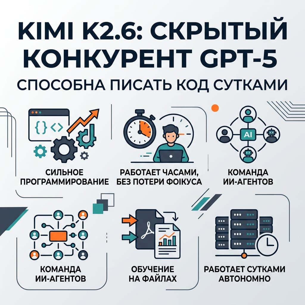 Kimi K2.6: скрытый конкурент GPT-5, способный писать код сутками