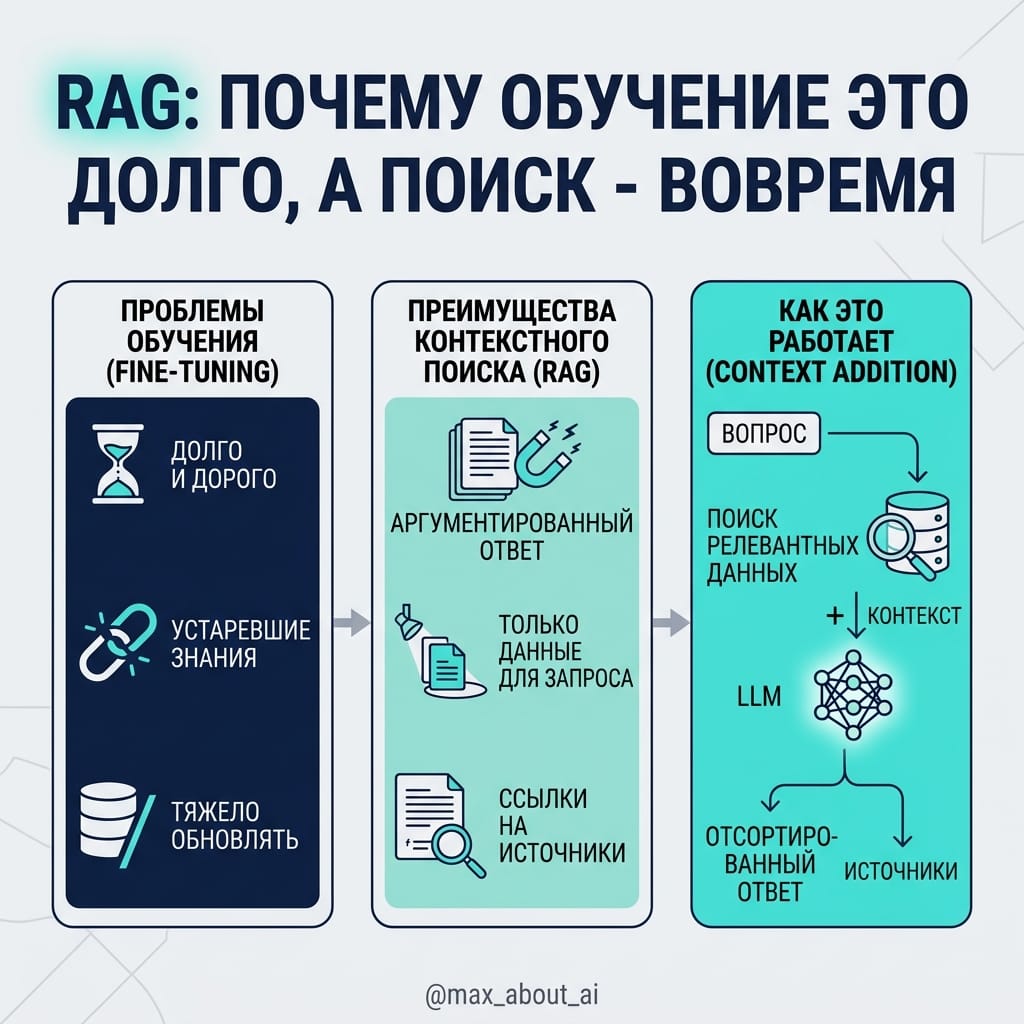 RAG: почему дообучение LLM проигрывает поиску по вашим данным